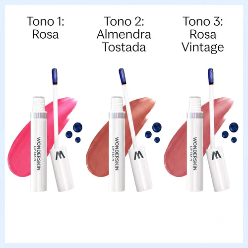 Wonderskin Lip Stain: Color Intenso Todo el Día Sin Retoques 3 OPCIONES DE COLORES